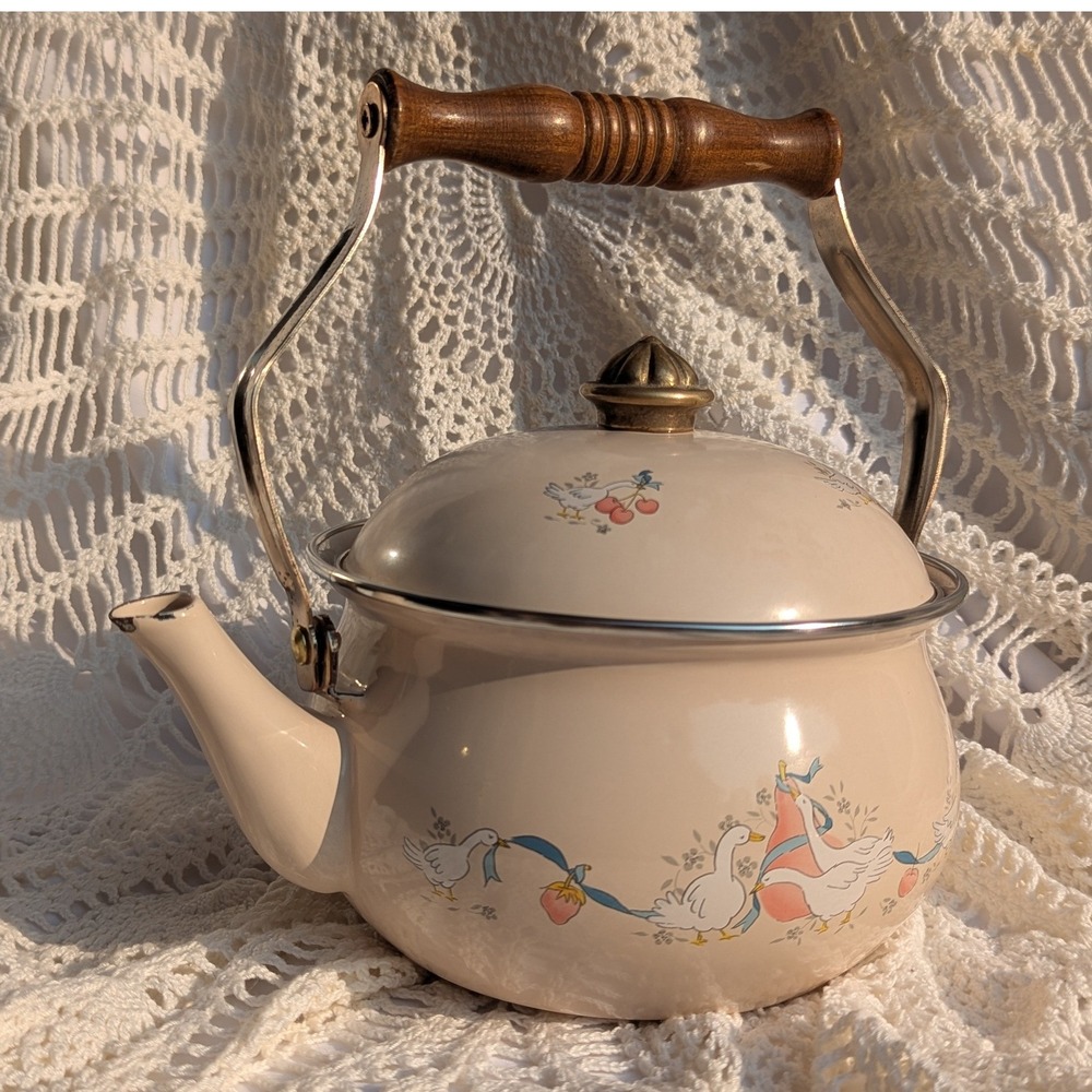 Vintage Marmalade Goose Enamel Tea Kettle Cream Cottagecore Stovetop